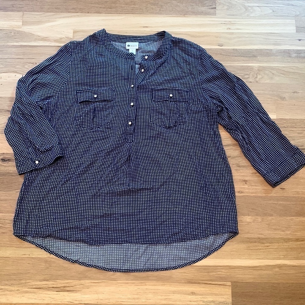 STYLUS Crewneck 1/2 Button 3/4 Sleeve Relaxed Fit Blouse Blue White Women’s XL